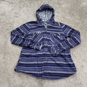 Columbia Hoodie Shirt Womens Medium Blue Striped Button Down Long Sleeve Cotton